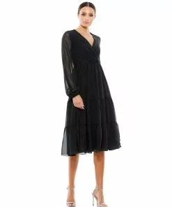 Ieena For Mac Duggal Ruched V-Neck Tiered Midi Dress