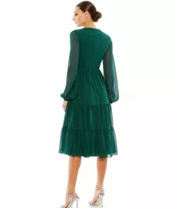 Ieena For Mac Duggal Ruched V-Neck Tiered Midi Dress