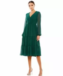 Ieena For Mac Duggal Ruched V-Neck Tiered Midi Dress