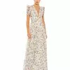 Ieena For Mac Duggal Floral Print V Neck Puff Sleeve Flowy Gown