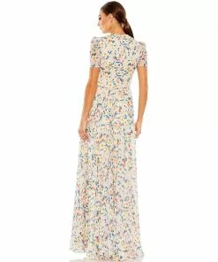 Ieena For Mac Duggal Floral Print V Neck Puff Sleeve Flowy Gown
