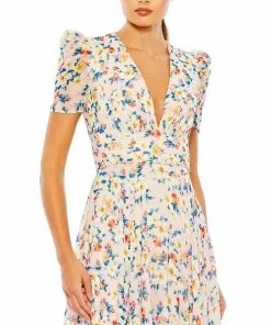 Ieena For Mac Duggal Floral Print V Neck Puff Sleeve Flowy Gown