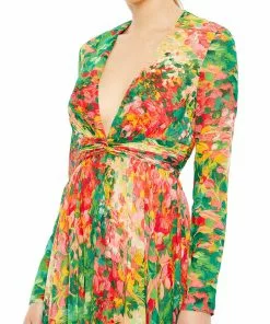 Ieena For Mac Duggal Floral Print Front Twist V Neck Long Sleeve Gown