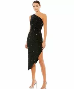 Ieena For Mac Duggal Shop For Pearl Encrusted One Shoulder Asymmetrical Hem Mid