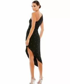 Ieena For Mac Duggal Shop For Pearl Encrusted One Shoulder Asymmetrical Hem Mid