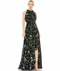 Ieena For Mac Duggal Floral Print Asymmetrical Ruffle Slit Halter Gown