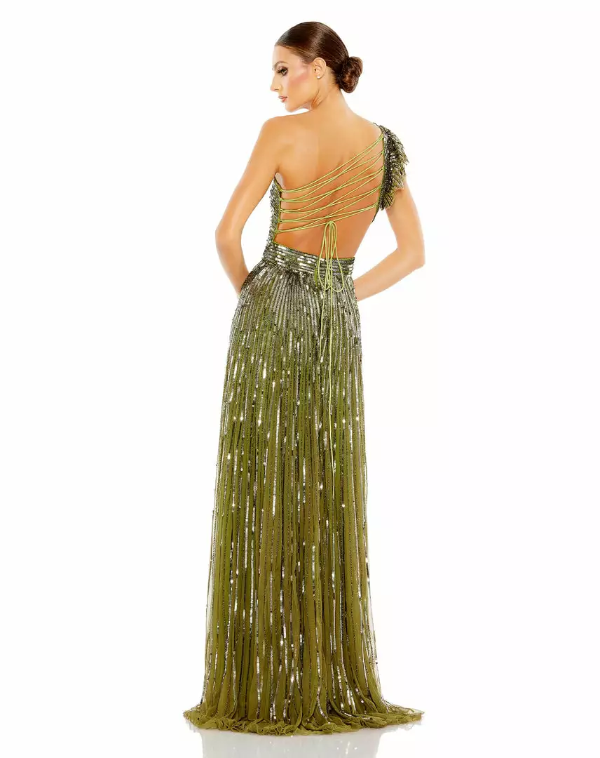 Mac Duggal Sequined One Shoulder Flutter Sleeve A Line Gown 6 Mac Duggal Sequined One Shoulder Flutter Sleeve A Line Gown