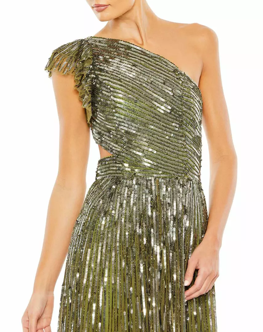 Mac Duggal Sequined One Shoulder Flutter Sleeve A Line Gown 7 Mac Duggal Sequined One Shoulder Flutter Sleeve A Line Gown