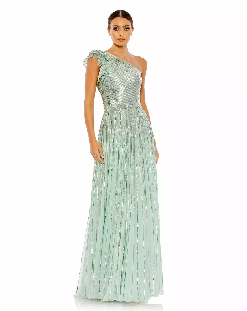Mac Duggal Sequined One Shoulder Flutter Sleeve A Line Gown 1 Mac Duggal Sequined One Shoulder Flutter Sleeve A Line Gown