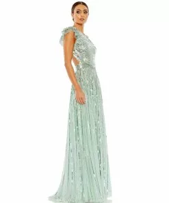Mac Duggal Sequined One Shoulder Flutter Sleeve A Line Gown 13 Mac Duggal Sequined One Shoulder Flutter Sleeve A Line Gown