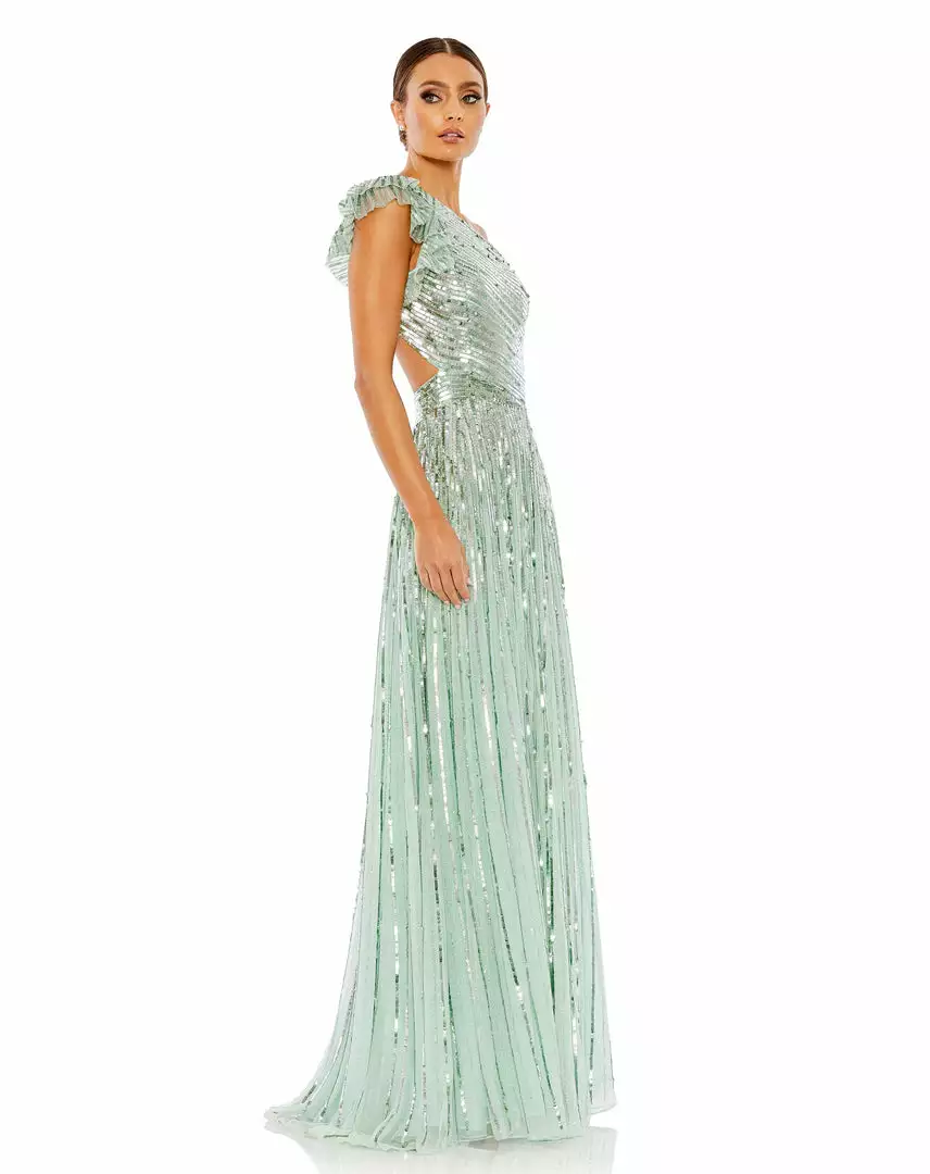 Mac Duggal Sequined One Shoulder Flutter Sleeve A Line Gown 3 Mac Duggal Sequined One Shoulder Flutter Sleeve A Line Gown