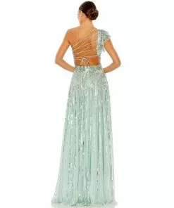 Mac Duggal Sequined One Shoulder Flutter Sleeve A Line Gown