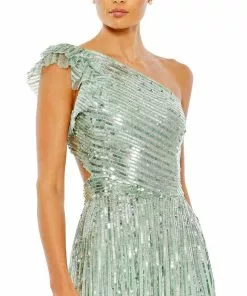 Mac Duggal Sequined One Shoulder Flutter Sleeve A Line Gown 14 Mac Duggal Sequined One Shoulder Flutter Sleeve A Line Gown