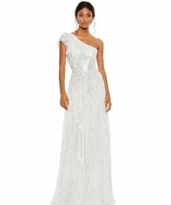 Mac Duggal Sequined One Shoulder Flutter Sleeve A Line Gown 18 Mac Duggal Sequined One Shoulder Flutter Sleeve A Line Gown