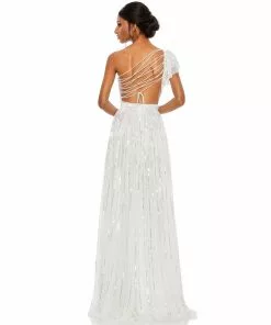 Mac Duggal Sequined One Shoulder Flutter Sleeve A Line Gown 20 Mac Duggal Sequined One Shoulder Flutter Sleeve A Line Gown