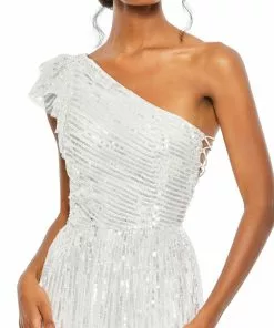 Mac Duggal Sequined One Shoulder Flutter Sleeve A Line Gown 21 Mac Duggal Sequined One Shoulder Flutter Sleeve A Line Gown