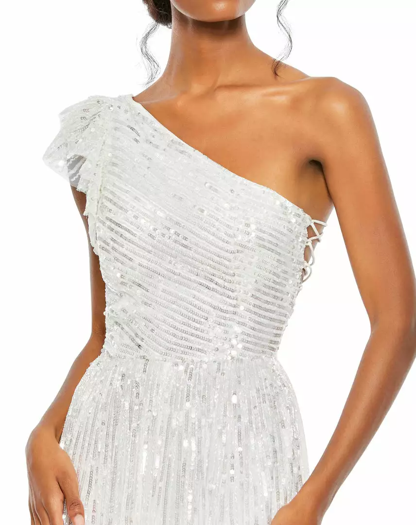 Mac Duggal Sequined One Shoulder Flutter Sleeve A Line Gown 11 Mac Duggal Sequined One Shoulder Flutter Sleeve A Line Gown
