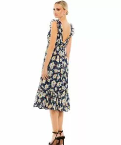 Ieena For Mac Duggal Shop For Flowy Floral Print V Neck Cap Sleeve Midi Dress