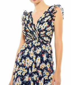 Ieena For Mac Duggal Shop For Flowy Floral Print V Neck Cap Sleeve Midi Dress