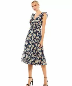 Ieena For Mac Duggal Shop For Flowy Floral Print V Neck Cap Sleeve Midi Dress