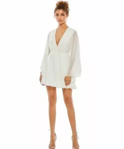 Ieena For Mac Duggal Solid Flowy V Neck Illusion Sleeve Mini Dress Shop For