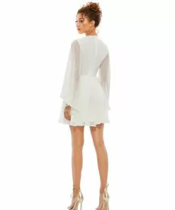 Ieena For Mac Duggal Solid Flowy V Neck Illusion Sleeve Mini Dress Shop For