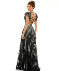 Mac Duggal Sequined Cut Out Ruffled Cap Sleeve Lace Up Gown Shop For