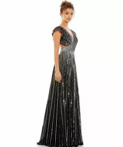 Mac Duggal Sequined Cut Out Ruffled Cap Sleeve Lace Up Gown Shop For