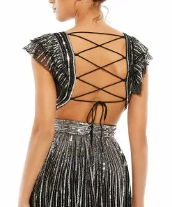 Mac Duggal Sequined Cut Out Ruffled Cap Sleeve Lace Up Gown Shop For