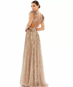 Mac Duggal Sequined Cut Out Ruffled Cap Sleeve Lace Up Gown Shop For