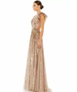 Mac Duggal Sequined Cut Out Ruffled Cap Sleeve Lace Up Gown Shop For