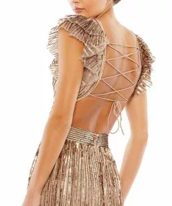 Mac Duggal Sequined Cut Out Ruffled Cap Sleeve Lace Up Gown Shop For