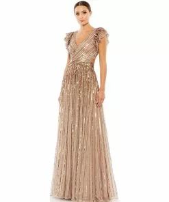 Mac Duggal Sequined Cut Out Ruffled Cap Sleeve Lace Up Gown Shop For