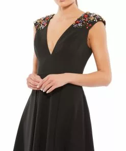 Ieena For Mac Duggal Plunging Floral Accented Cap Sleeve Cocktail Dress