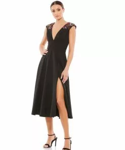 Ieena For Mac Duggal Plunging Floral Accented Cap Sleeve Cocktail Dress