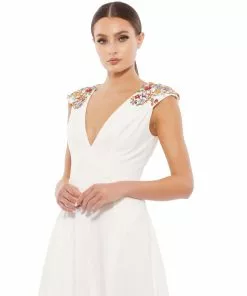 Ieena For Mac Duggal Plunging Floral Accented Cap Sleeve Cocktail Dress