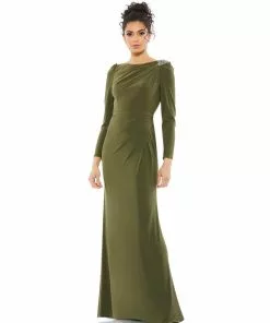 Mac Duggal Shop For Boat Neck Jersey Gown W/ Embellished Shoulder