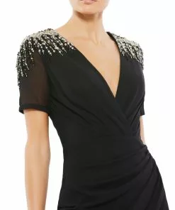Ieena For Mac Duggal Sequined Embellished Shoulder Evening Gown