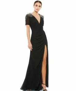 Ieena For Mac Duggal Sequined Embellished Shoulder Evening Gown