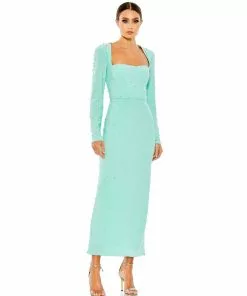 Ieena For Mac Duggal Allover Rhinestone Long Sleeve Dress New Arrivals