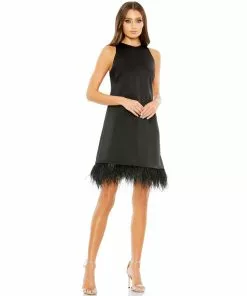 Ieena For Mac Duggal Feathered Hem High Neck Sleeveless A Line Dress Shop For