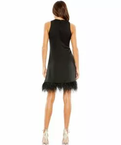 Ieena For Mac Duggal Feathered Hem High Neck Sleeveless A Line Dress Shop For
