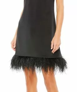 Ieena For Mac Duggal Feathered Hem High Neck Sleeveless A Line Dress Shop For