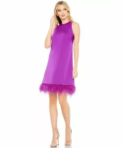 Ieena For Mac Duggal Feathered Hem High Neck Sleeveless A Line Dress Shop For
