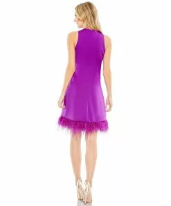 Ieena For Mac Duggal Feathered Hem High Neck Sleeveless A Line Dress Shop For