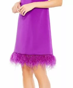 Ieena For Mac Duggal Feathered Hem High Neck Sleeveless A Line Dress Shop For