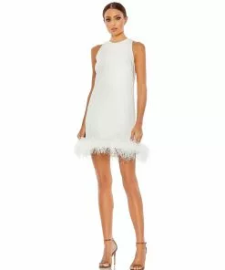 Ieena For Mac Duggal Feathered Hem High Neck Sleeveless A Line Dress Shop For