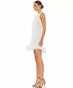 Ieena For Mac Duggal Feathered Hem High Neck Sleeveless A Line Dress Shop For