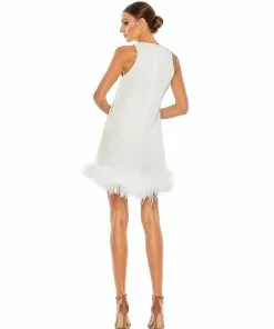 Ieena For Mac Duggal Feathered Hem High Neck Sleeveless A Line Dress Shop For