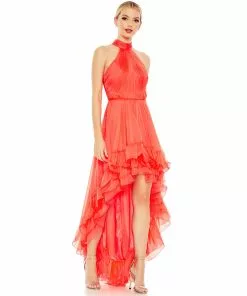 Ieena For Mac Duggal Shop For Ruffle Tiered High Low Pleated Halter Neck Gown